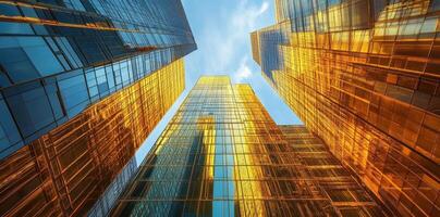 Golden skyscrapers reach towards the sky under a clear sky photo