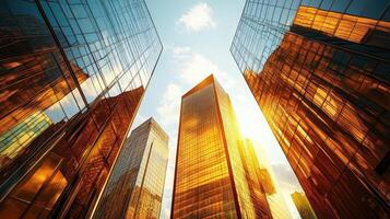 Golden skyscrapers reach towards a bright blue and cloudy sky photo