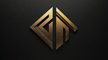 Golden geometric emblem on dark background stands out elegantly photo