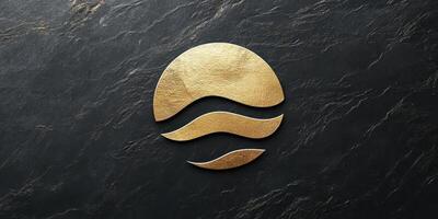 Golden logo of sun and waves on dark stone photo