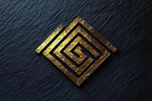 Golden maze emblem resting on a textured dark surface photo