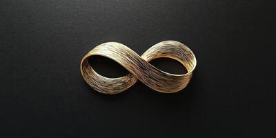 Golden infinity symbol crafted from interwoven strands on black photo