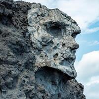 Rock formation resembling a human skull stands against the sky photo