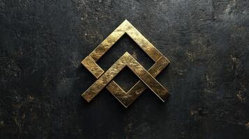 Golden interlocking geometric shapes rest on a dark stone surface photo