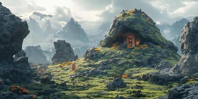 A lone traveler approaches a mysterious illuminated mountain cave photo