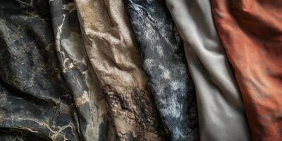 Five folded luxurious fabrics display varied textures and patterns photo