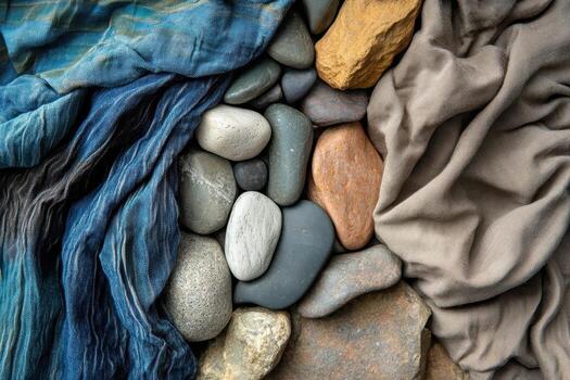 Stones and draped cloth in a textured still life scene photo