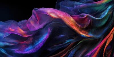 Flowing iridescent fabric shimmers against a dark background photo