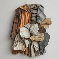 Fabrics and rocks arranged on a gray surface creating art photo