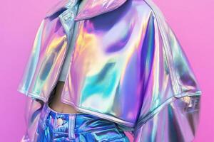 Holographic jacket and pants glimmer against a pink background photo
