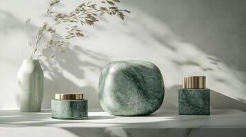 Marble textured containers vase and dried plants create artistic arrangement photo