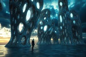 A solitary figure gazes upon towering alien structures in awe photo