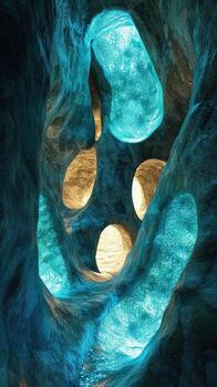 Intriguing cave formations with glowing blue water inside photo