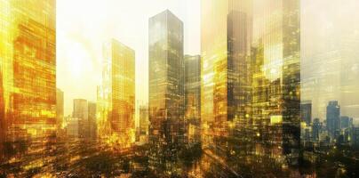 Golden cityscape featuring modern skyscrapers with a unique artistic rendering photo