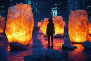 Silhouetted figure stands among glowing rock sculptures in an urban setting photo