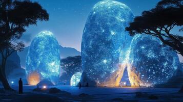 Gigantic glowing blue rock formations dominate a fantastical landscape photo