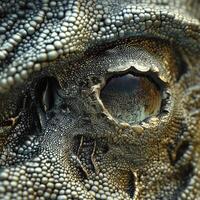 Close up shows the eye and skin of a reptile photo