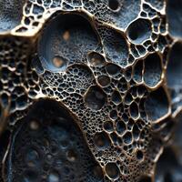 Intricate organic structure featuring dark voids with golden outlines photo