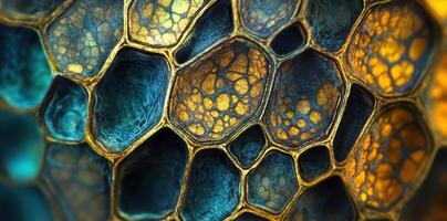 Hexagonal cell structure in blue and gold tones displayed closely photo