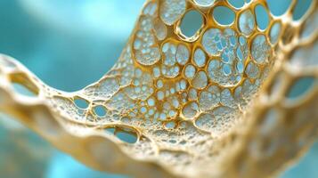Abstract golden porous structure against a smooth turquoise background photo