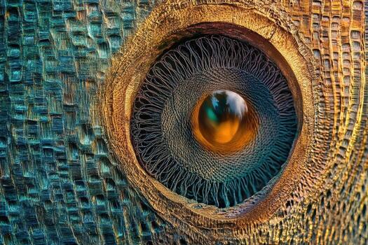 Intricate golden scales surround a reflective iridescent sphere center photo