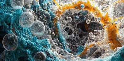 Abstract microscopic view featuring cells bubbles and fibrous structures photo