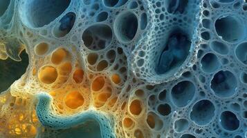 Microscopic structure with interconnected holes and yellow and blue gradients photo