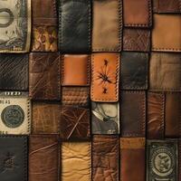 Leather patches and dollar bills arranged in an abstract grid photo