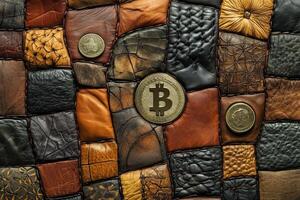 Cryptocurrencies placed upon a patterned leather patchwork quilt background photo