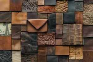 Leather squares collage with a wallet and money background photo