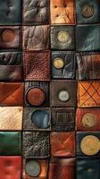 Patches of leather hide form a textured abstract collage photo