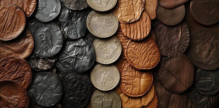 Leather and metal coins arranged together creating a textured surface photo