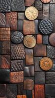 Assorted leather tiles are presented with decorative golden coins photo