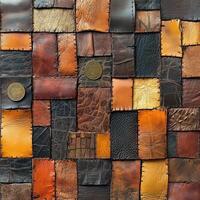 Diverse leather patchwork squares are stitched together with decorative coins photo