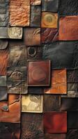 Variety of leather squares create a textured and layered collage photo