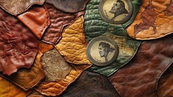 Leather patchwork with antique coins displaying portrait profiles photo