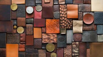 An array of leather swatches and coins compose the arrangement photo