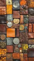 Intricate tile mosaic featuring leather textures and embedded vintage coins photo