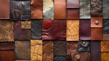 Many different patches of leather are sewn together closely photo