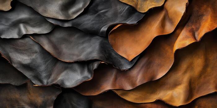 Various pieces of leather are layered with diverse textures and colors photo
