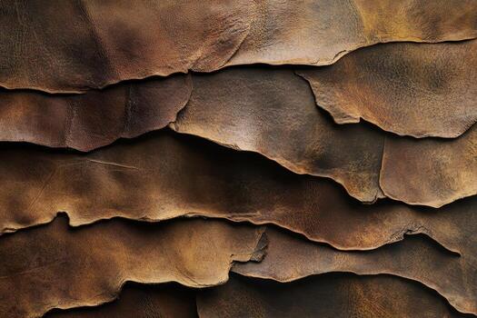 Stacked brown leather pieces create a textured abstract pattern photo