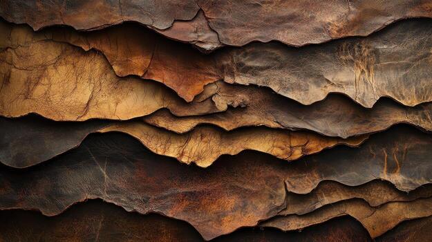 Layers of aged brown leather create an abstract landscape photo