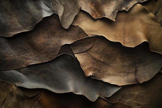 Pieces of textured and aged leather are overlapped and arranged photo
