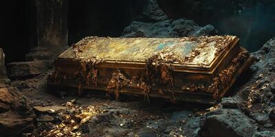 Ornate gold covered coffin rests amidst rubble in a dark tomb photo