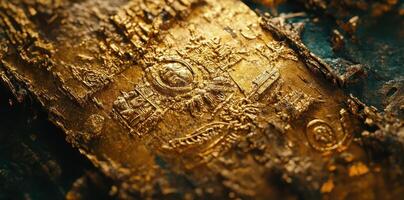 Ancient golden artifact featuring intricate engravings and weathered texture photo