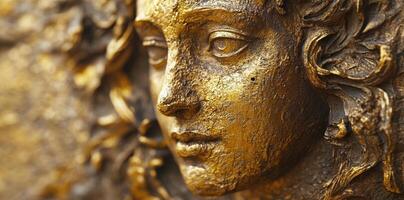 Golden sculpture depicts a female face with detailed curly hair photo