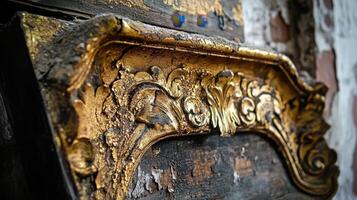 Ornately carved and gilded wooden frame shows signs of decay photo