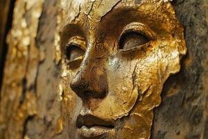 Golden face of weathered sculpture with flaking details photo