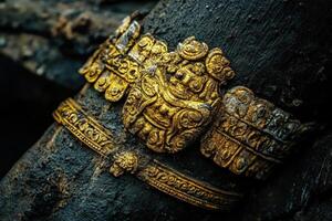 Ornate golden bracelet adorns a dark textured surface closely photo