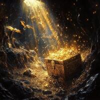 Golden treasure chest in dark cave guarded by dragons photo